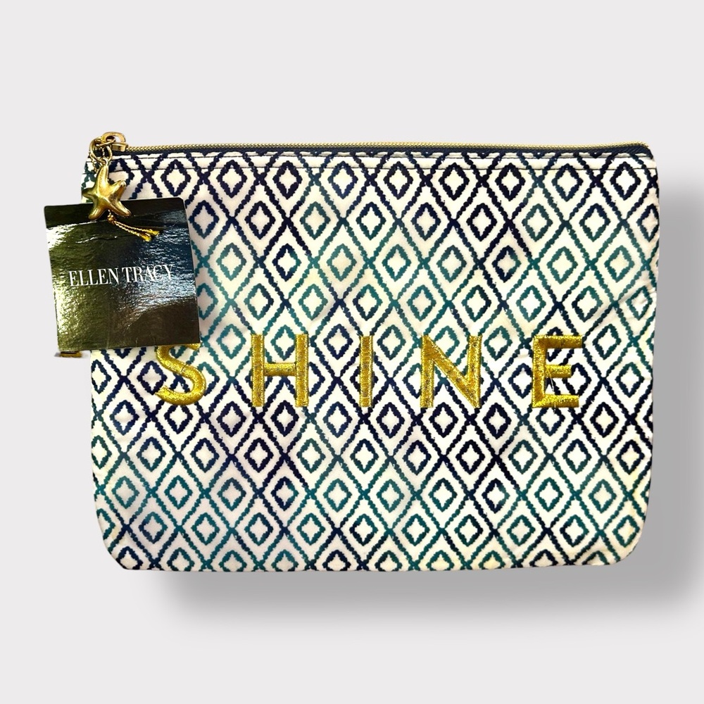 Ellen Tracy Blue Teal Diamond Print Cosmetic Pouch with Gold 'SHINE'